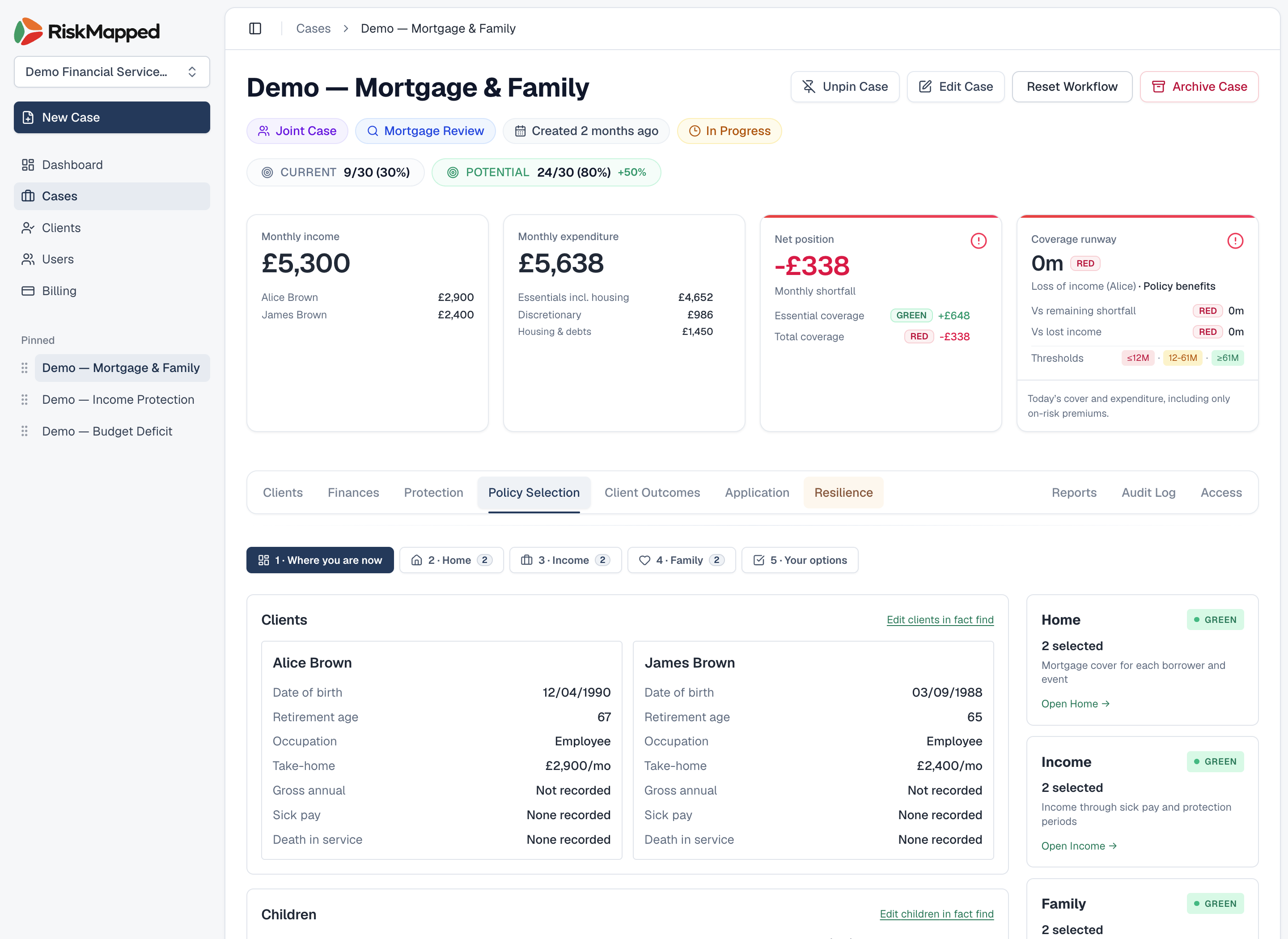 RiskMapped Policy Selection showing a client's current protection position and adviser options.