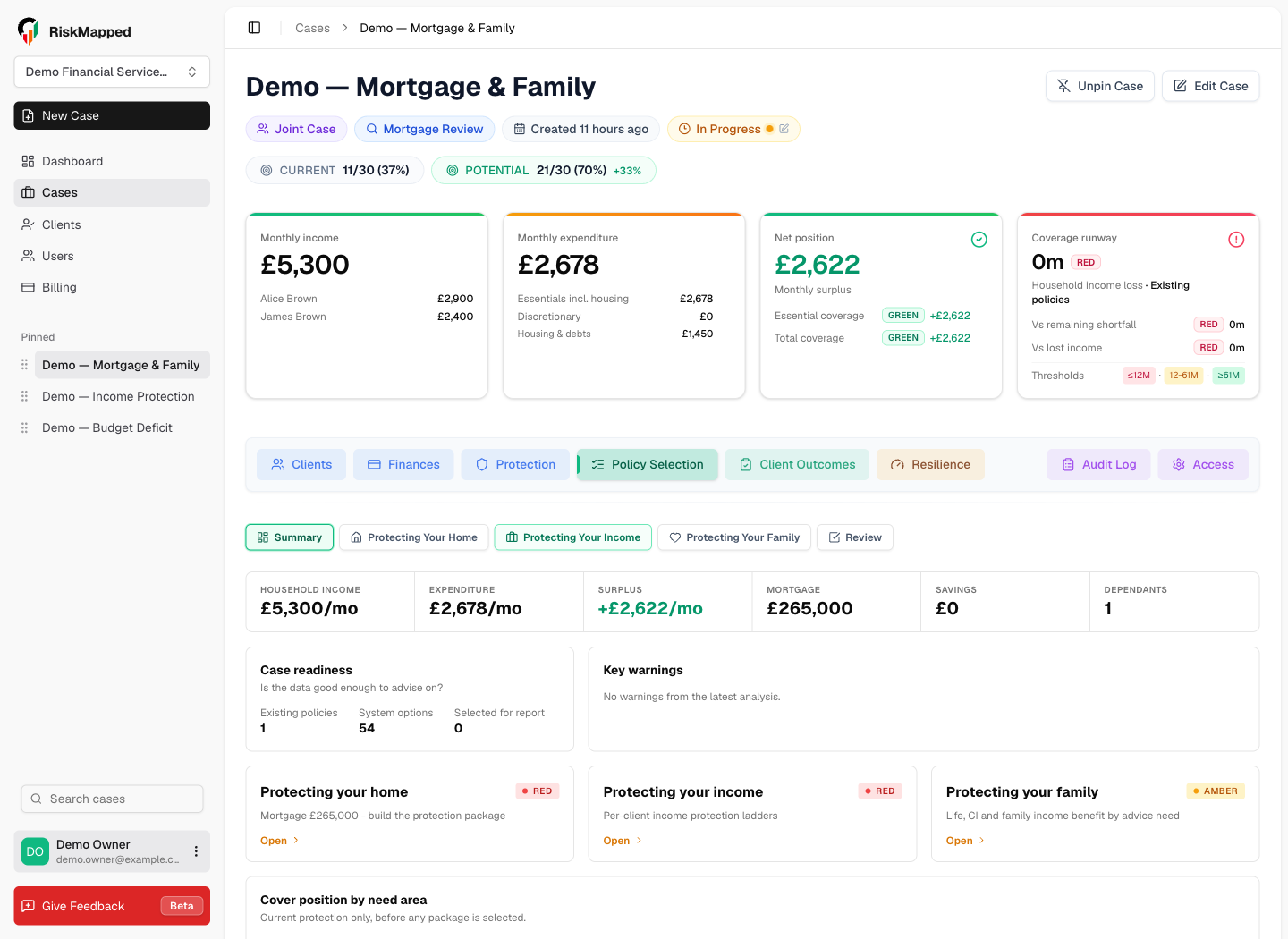 RiskMapped Policy Selection showing a client's current protection position and adviser options.