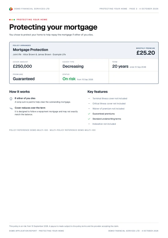 Mortgage protection page from a demo Application Report