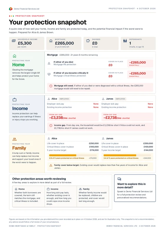 Protection Snapshot page for a demo household